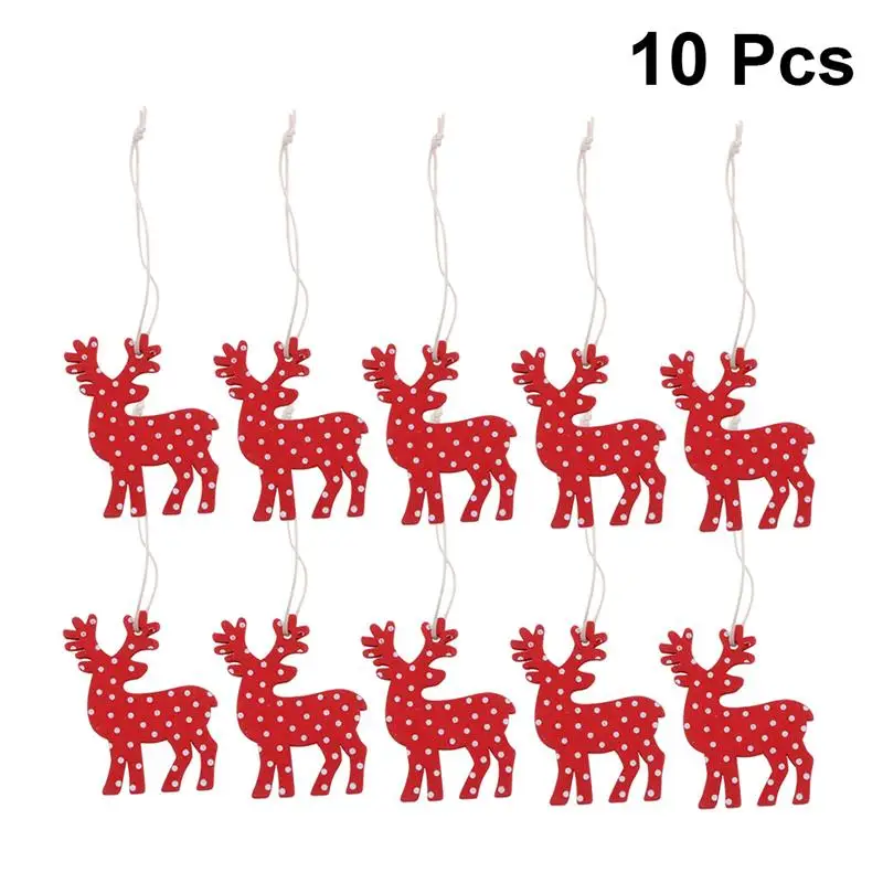 Deer 10 шт. Рождественская подвесная подвеска с веревкой деревянная форма сердца любовь Висячие орнаменты Ремесло Красная деревянная елка украшения - Цвет: Deer