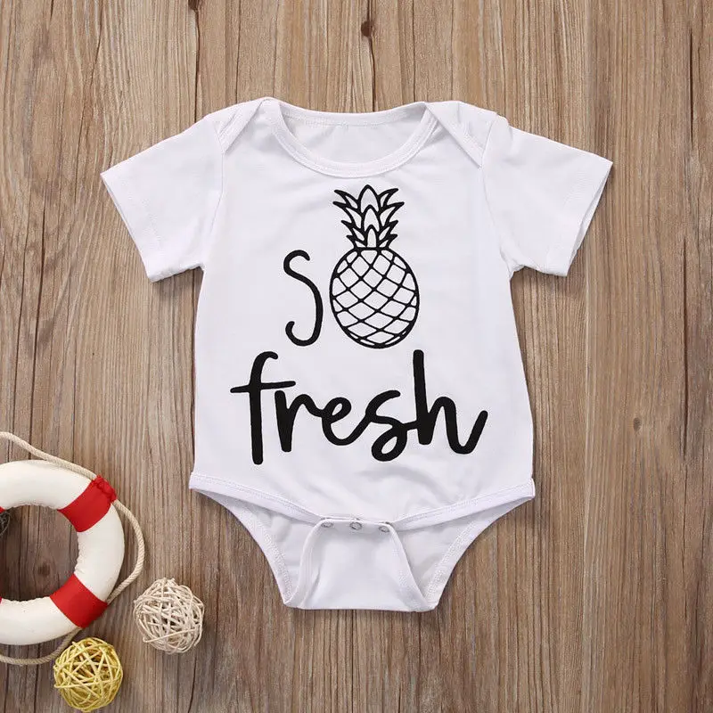 

2019 New Casual Newborn Baby Boy Girl Short Sleeve Letter Print Fresh Pineapple Cotton Romper Baby Clothes White Tees