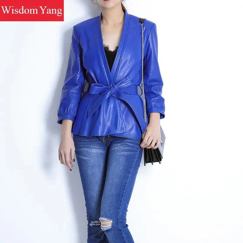 Autumn Black Blue Real Sheepskin Genuine Leather Jackets Women Coat Belt Bow Short Overcoat Bomber Ladies Jacket Coats Outerwear