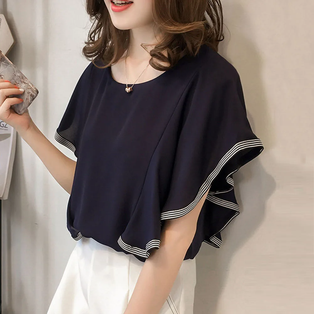 

Women T-shirt Summer Patchwork Chffion Blouse Office Lady Ruffle Sleeve Color Block Shirts Female Tops OL Korean Japan Style