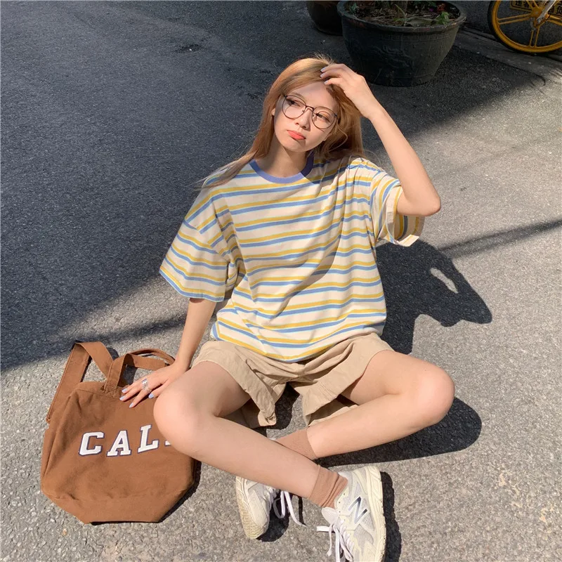 

Japanese Streetwear Striped School Clothes Female Couple T-Shirts For Teenage Girls Kawaii Cute Tee Ulzzang Gothic y2k Urban Top