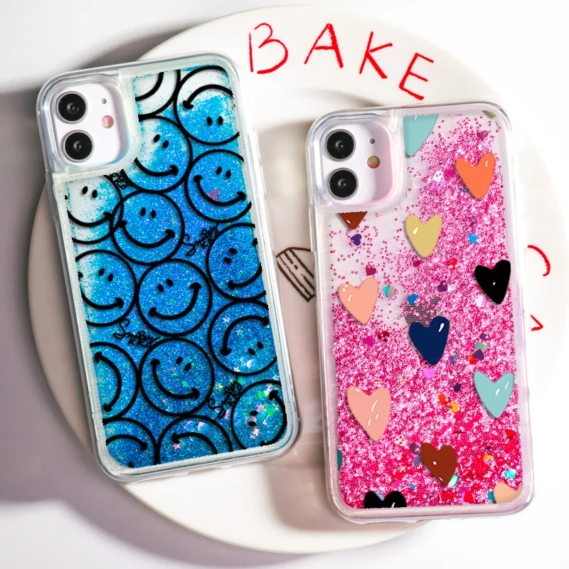 

Liquid Quicksand Case For iPhone 13 11 12 Pro XR XS Max X Fundas iPhone 8 7 6S Plus 6 SE 2020 12Mini Smiley Face Painted Cover