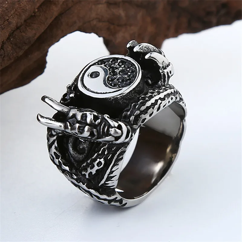 Этнический Ветер тотемный Дракон Тай Чи кольцо магазин черный циркон