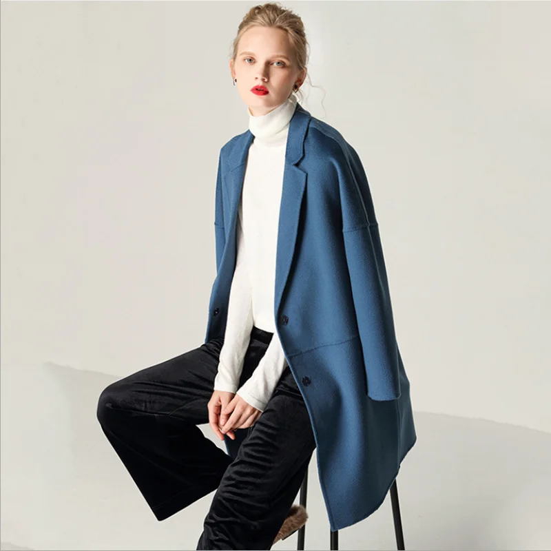 Осень зима 2019 Новое Стильное шерстяное пальто водная рябь двухстороннее Женское