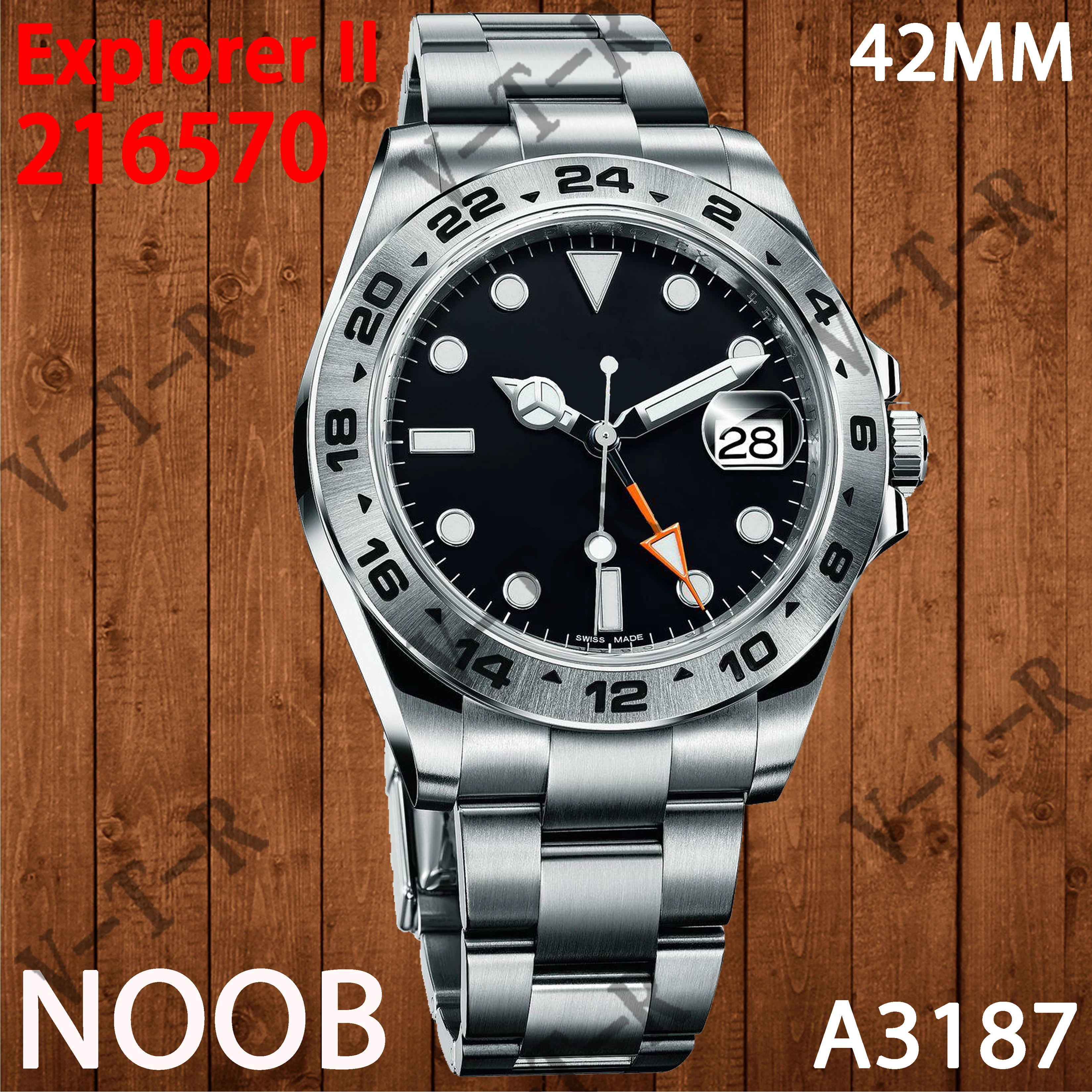 

Mechanical Watch Men's Explorer II 42mm 216570 1:1 Noob Best Edition 316L SS Black/White Dial A3187 Replica (Correct Hand Stack)