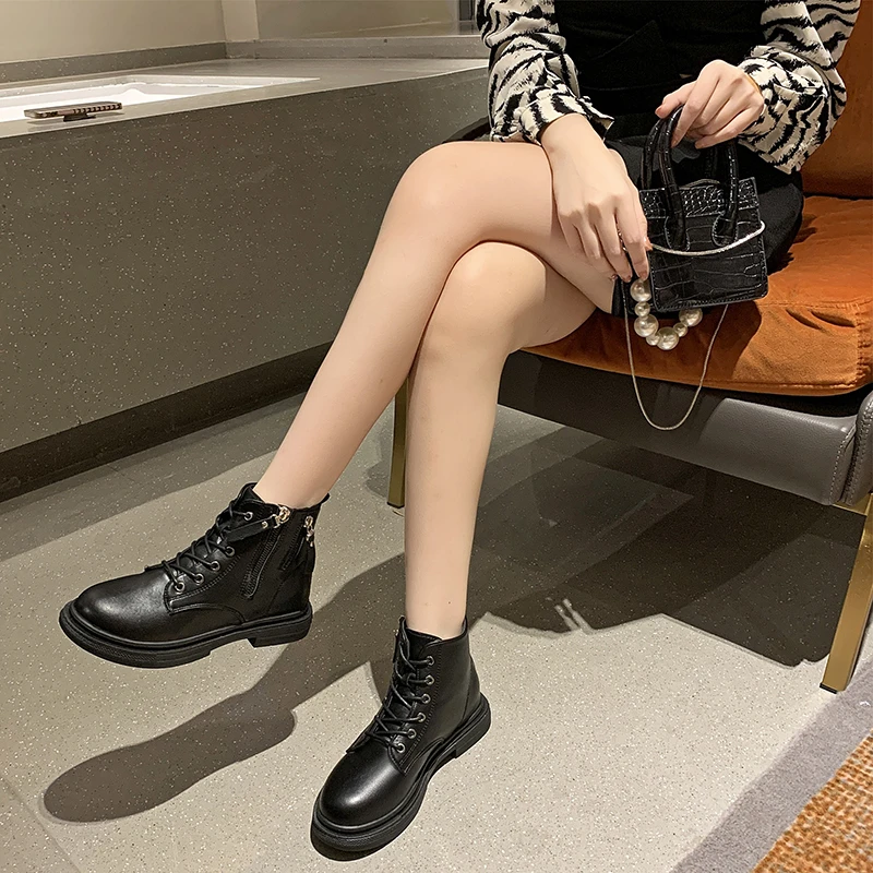 2021 Spring Autumn Leather Shoes for Women Fashion High-top Lace-up Shoes Thick Bottom Casual Short Tube Shoes Zapatillas Mujer