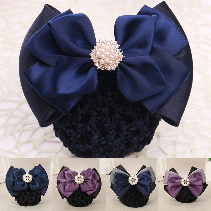 

All-match Flight Attendant Hair Clip Professional Ladies Simple Women Satin Bow Barrette Pearl Rhinestones Hair Accessories