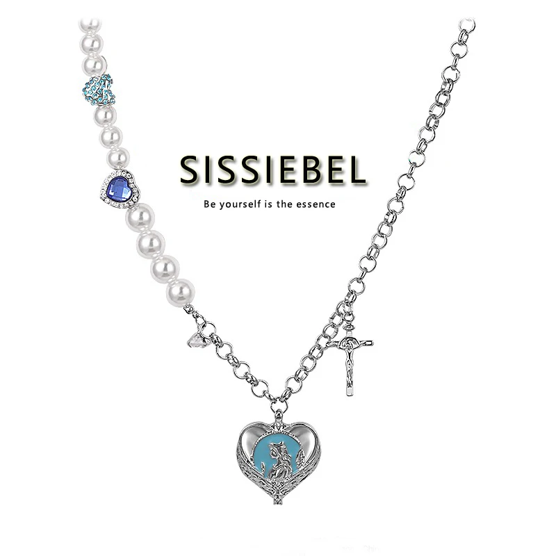 

Sweet Cool Necklace Female Summer Minority Design Sense Heart-Shaped Virgin Pearl Splicing Gem Cross Clavicle Chain For Girls