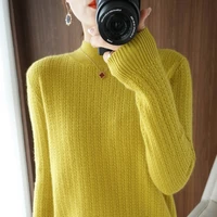 autumn and winter new style 100 pure wool hollow half high collar slimming ladies pullover all match knitted sweater long sleeve