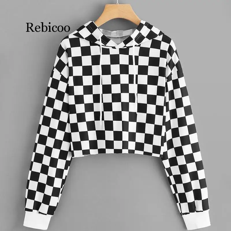 Осенняя Толстовка Harajuku Женская толстовка женские черные белые клетчатые