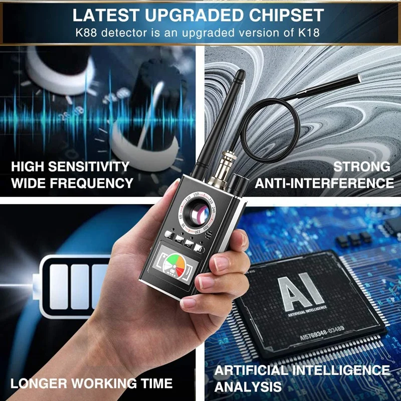 

Anti Spy RF Detector Hiddens Camera Detector, Bug Detector Wireless Signal Lasers Lens GSM and Listening Device Finder