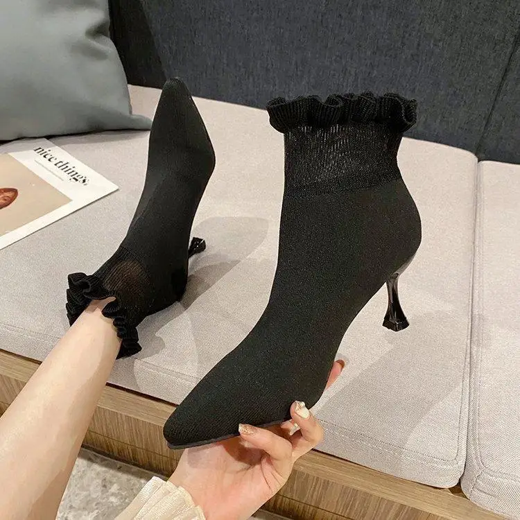 

Dropshipping Pointed Toe Knit Socks Boots Women's Autumn Fashion Stiletto Lace Mesh High-heeled Short Boots