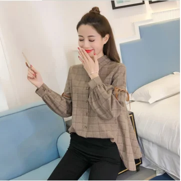 plaid blouse MUMUZI, элегантные женские топы и блузки, повседневные женские блузки, серые, с бантом, на шнуровке, с длинным рукавом, нерегулярные, в клетку, с галстуком-бабочкой, рукав, блузка - Цвет: plaid blouse