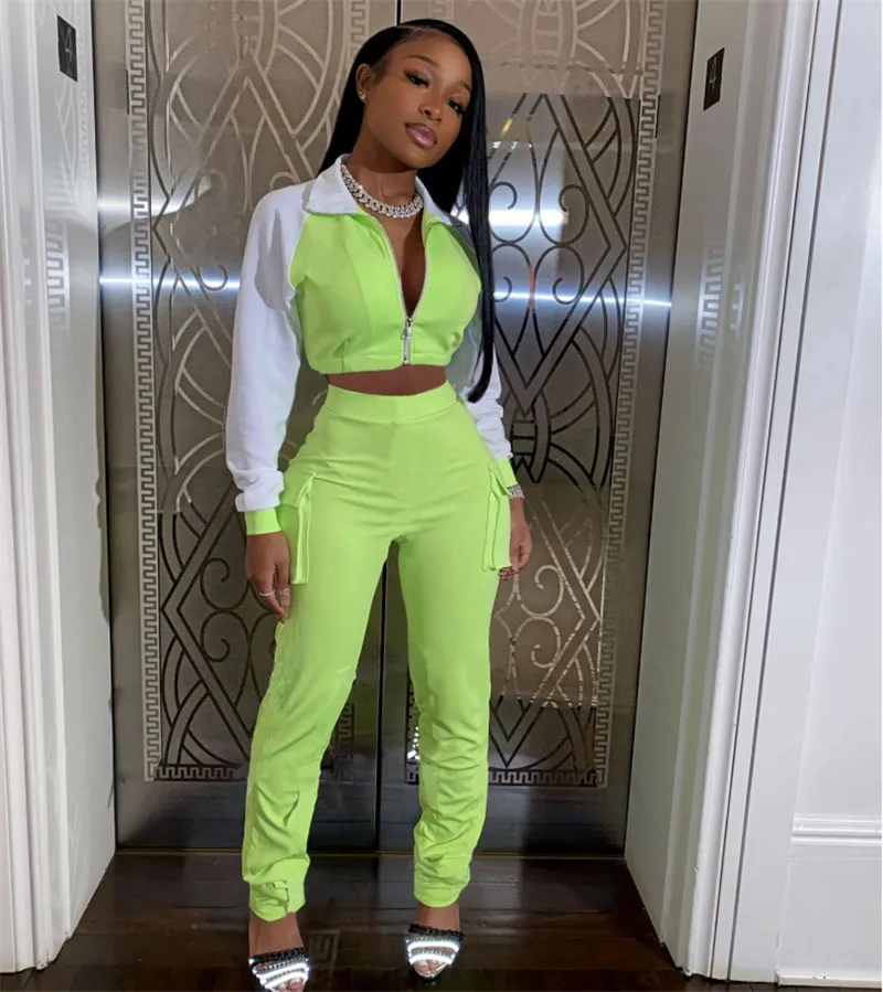 

2021 Brand New Women Casual Luminous Tracksuits 2 Piece Sets Patchwork Zipper Long Sleeve Jacket Tops High Waist Trousers Pants