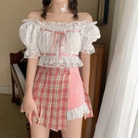 2 piece sets womens harajuku sets for women summer irregular plaid pleated skirt lace tops sweet girl cute outfits y2k fashion