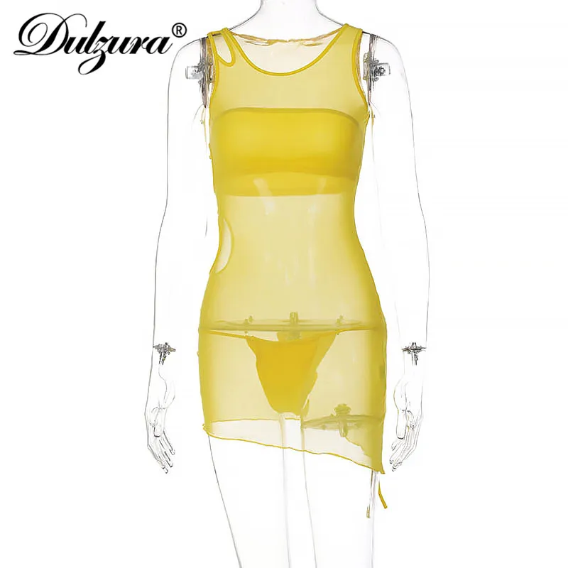 

Dulzura 2021 Summer 3 Pieces Set Tube Crop Top Lace Up Thong Mesh Dress Hollow Out Bodycon See Through Sheer Streetwear Beach