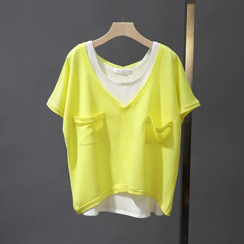 

V-neck Batwing Shirt T-shirt Women's Short Sleeve Simple Loose Korean Top Scheming Two-Piece Set Irregular Short Fashion