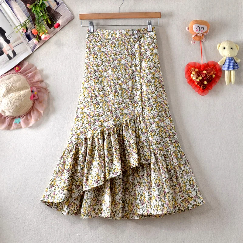 

Summer Women's Floral Printed Midi Chiffon Skirt Ladies Elegant Spring Streetwear Girls Boho Mermaid Skirts DS256