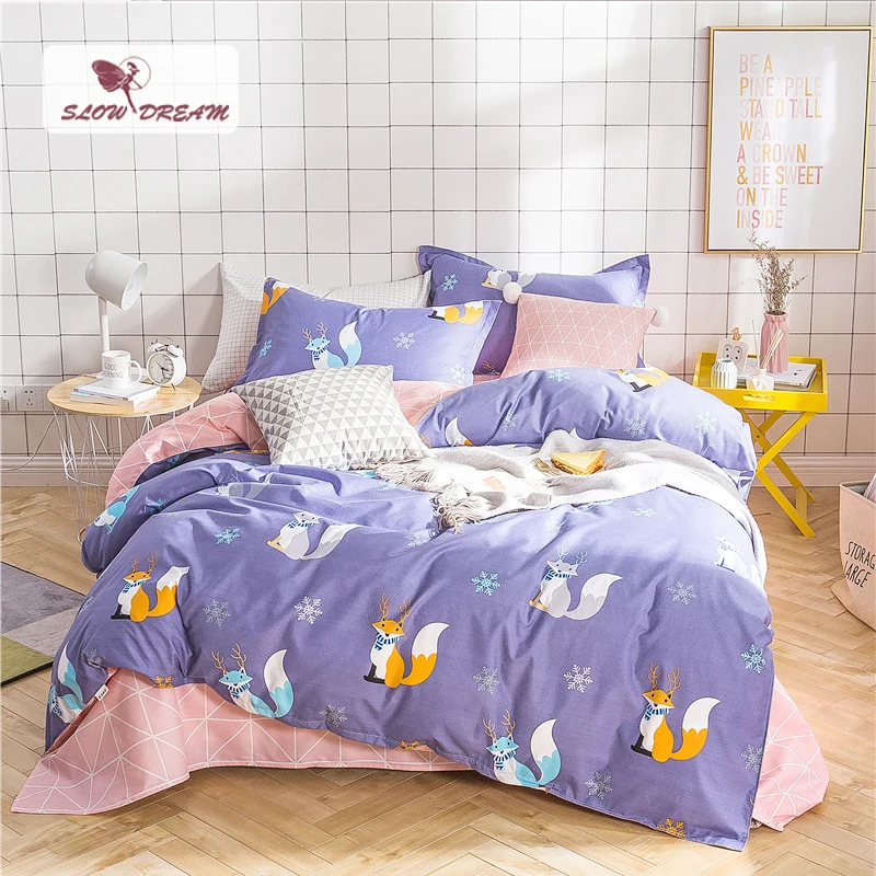 SlowDream модные лиса комплект голубого постельного белья мультяшный пододеяльник