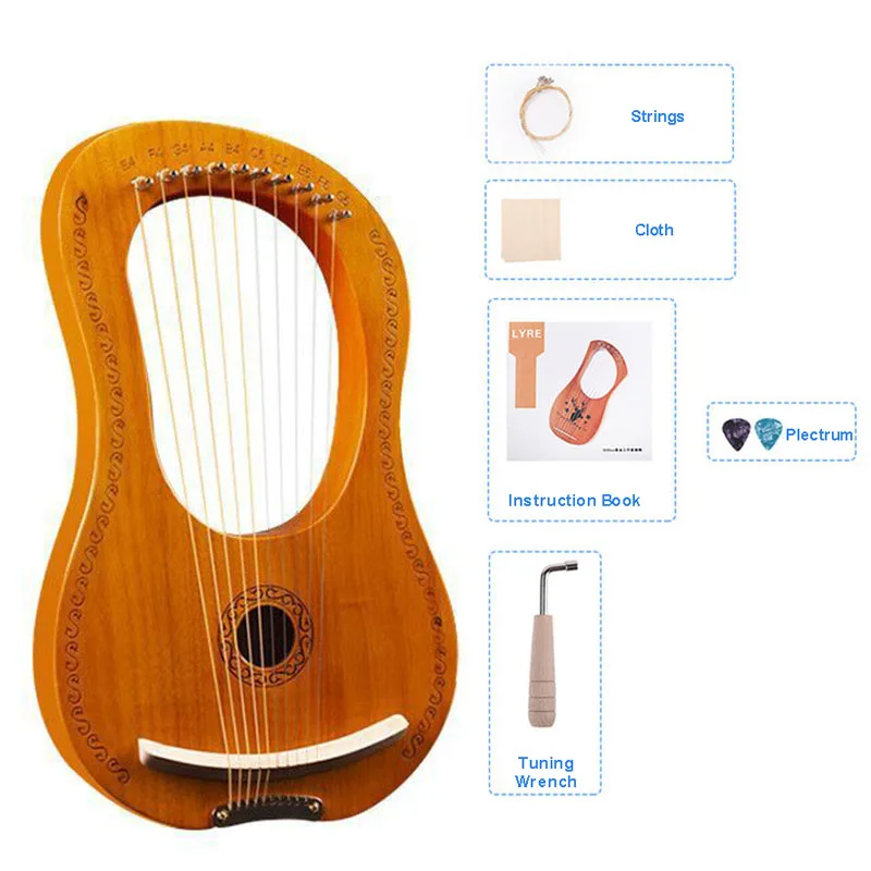 Mahogany 10 Strings Lyre Harp Greek Small Musical Instrument Including Instruction Tuning Wrench Plectrum Cloth For Beginners enlarge