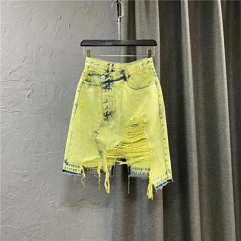 

2021 Summer Jeans Skirts Women Washed Green Ripped Tassel Hole Denim Skirt Hot Asymmetric High Waist Mid-Length A- Line Skirt