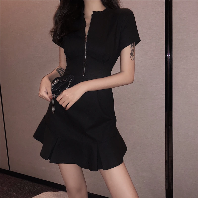 

BacklakeGirls Slim Waist Ruffle Solid Color Short Sleeve Cocktail Dress Casual Solid Color Mini Women Dress Robe Coktail Femme