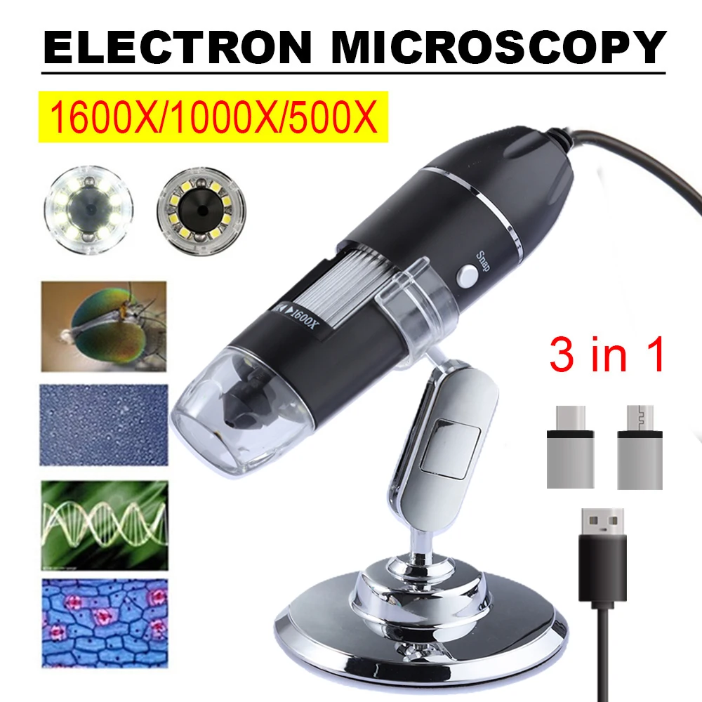 

1600X 1000X 500X 3 In 1 Type-C Micro USB Handheld Portable Digital Microscope Interface Electron With 8 LEDs Bracket Microscopes