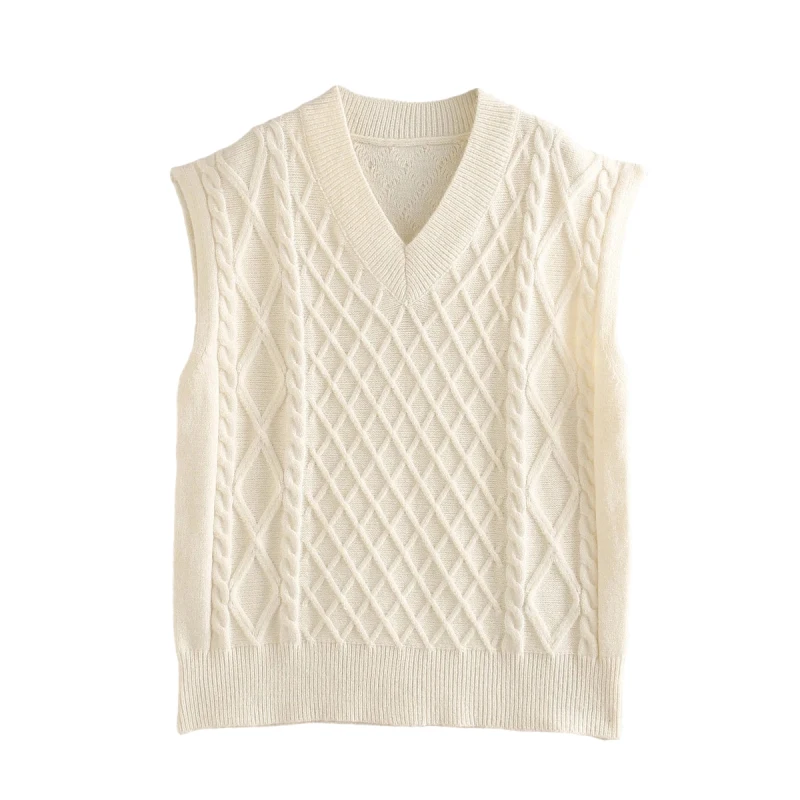 

Casual Woman Beige Loose Soft V Neck Crochet Vest 2021 Spring Fashion Ladies Basic Knitwear Female Elegant Knitted Tank