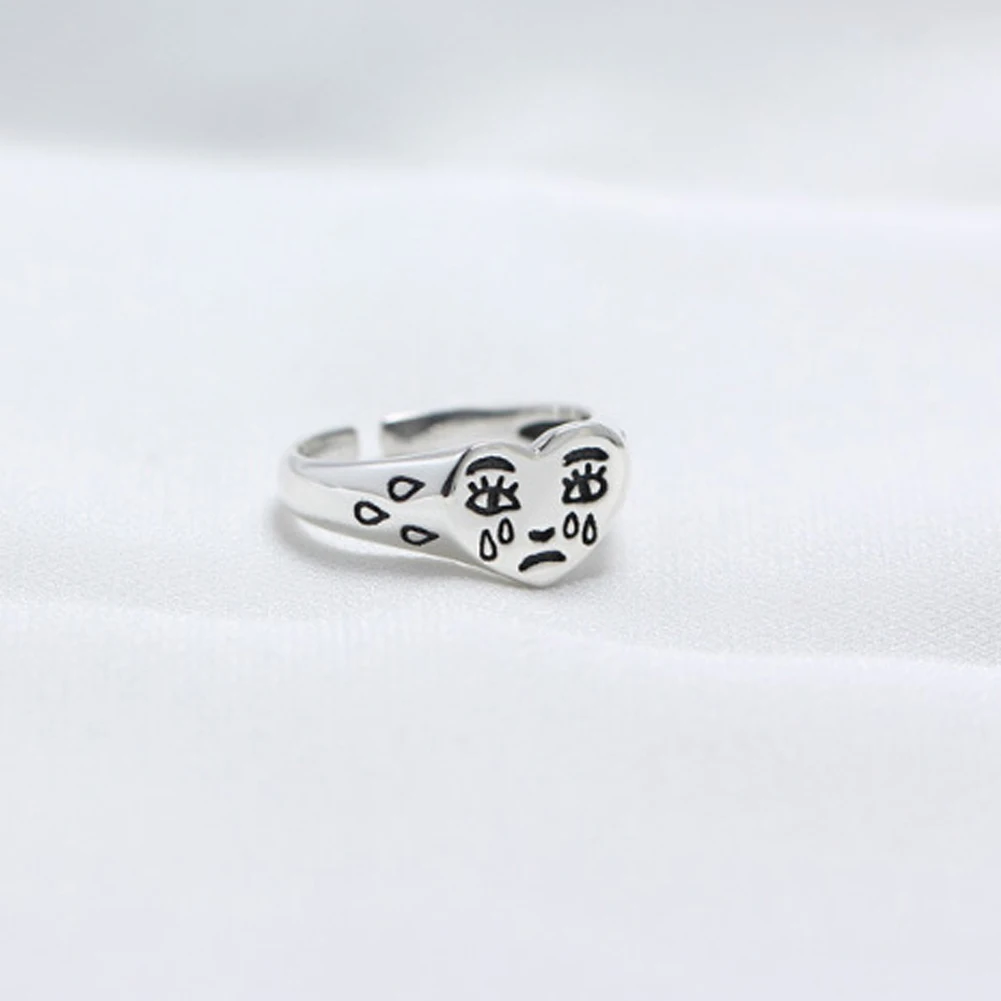 

Retro Love Crying Face Open Ring For Women Simple Ancient Silver Color Cute Geometric Sad Tears Faces Adjustable Rings