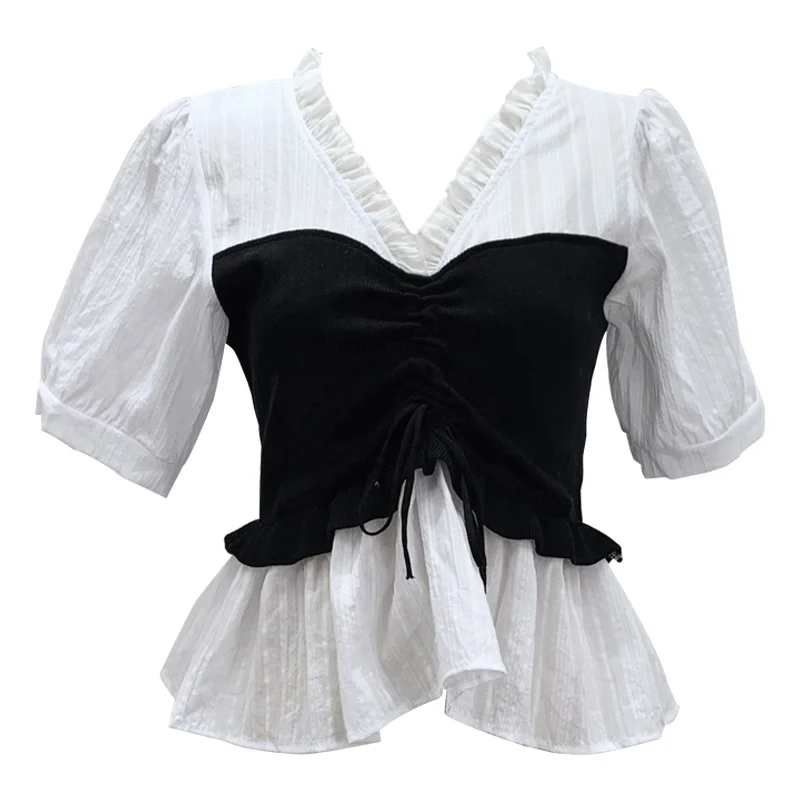 

Kimutomo Korean Chic Patchwork Blouse Women Color Contrast Dot Shirt 2021 Summer New V-neck Short Sleeve Lace Up Tops Fashion