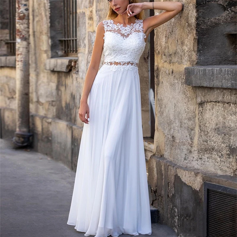 MoonlightShadow Elegant Wedding Dresses A-Line O-Neck Sleeveless Chiffon Lace See Through Beach Bridal Gowns Свадебное платье