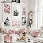 Модный постер, розовая романтическая тема, цветочный принт, настенное искусство, холст, живопись, черная белая леди, окно, Современное украшение для комнаты девушки