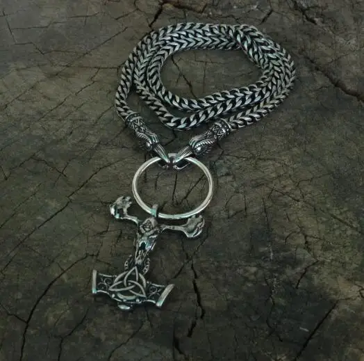 Men stainless steel necklace viking wolf head with thor's Skull goat hammer mjolnir pendant norse talisman ethnic jewelry - Окраска металла: chain width 6mm