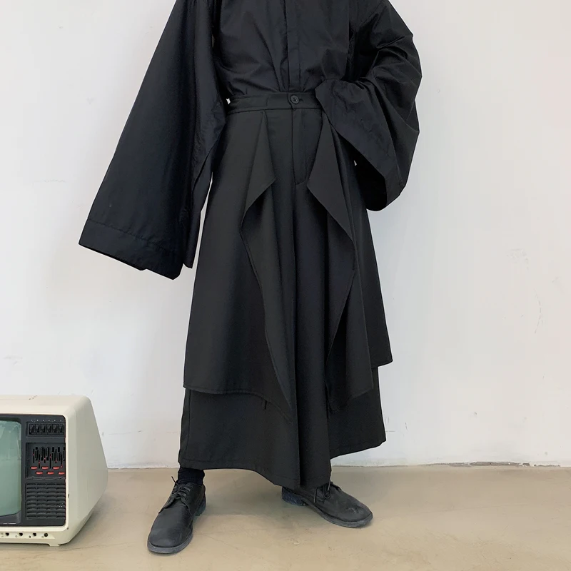 

Men Casual Black Wide Leg Pant Skirts Male Women Japan Streetwear Punk Gothic Kimono Trouser Harem Pants Stage Clothing