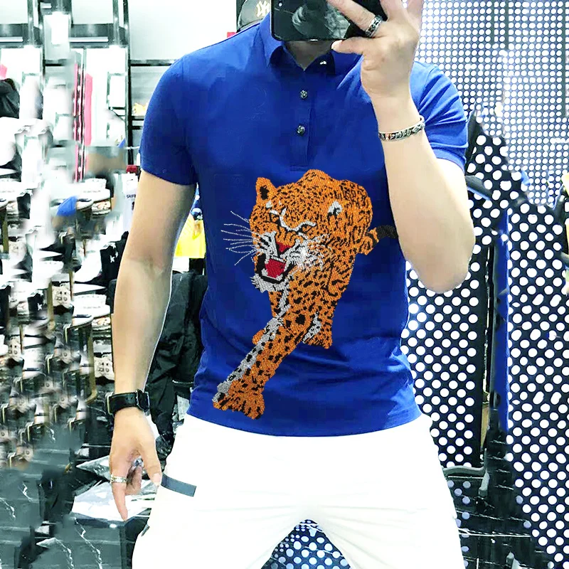 

Heavy Craft Leopard England Casual Men's Lapel Gradient Rhinestone Shirt Polo Elasticity Short-Sleeved Male