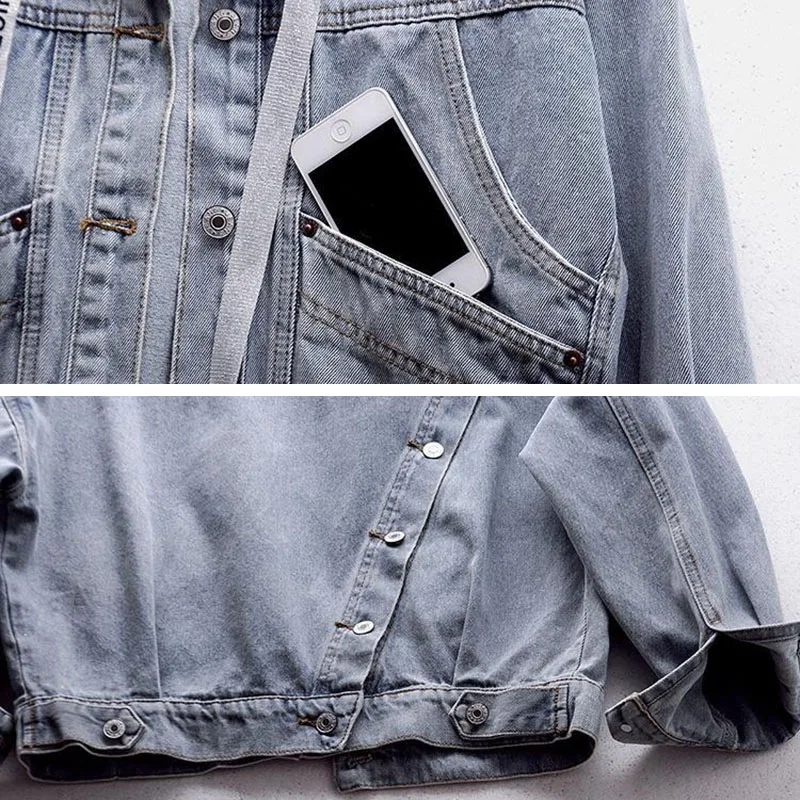 

Boyfriend Style Hooded Black Jean Jacket Women Street Casual Loose Pocket Button Patchwork Denim Jacket Korean Vintage Outerwear