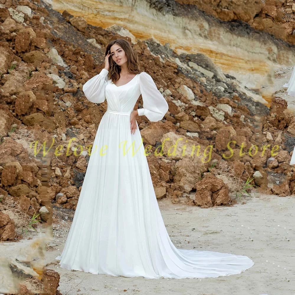 

Elegant V-Neck Chiffon Wedding Dresses 2021 Sweep Train Long Puff Sleeve Lace up Backless A-Line With Pleat Luxury Bridal Gown