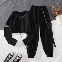 cargo pants suit womens sweatpants streetwear handsome 2 two piece set suit chain long sleeve top ribbons jogger spring autumn