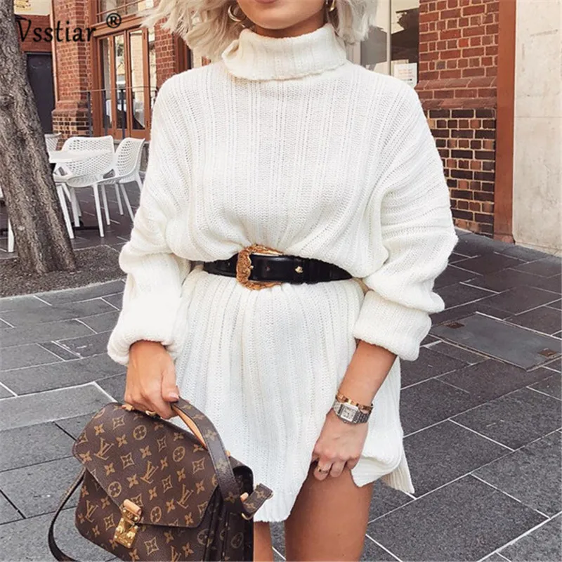 Vsstiar белое повседневное вязаное платье свитер для женщин 2020 водолазка свободное