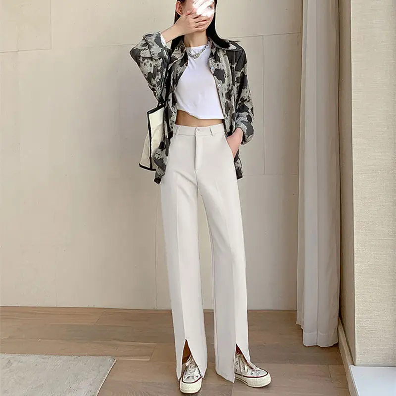

2021 Vintage Long Flare Pants Women Korean Streetwear Sexy High Waist Trousers Lady Casual Front Split Bell Bottom Long Pant