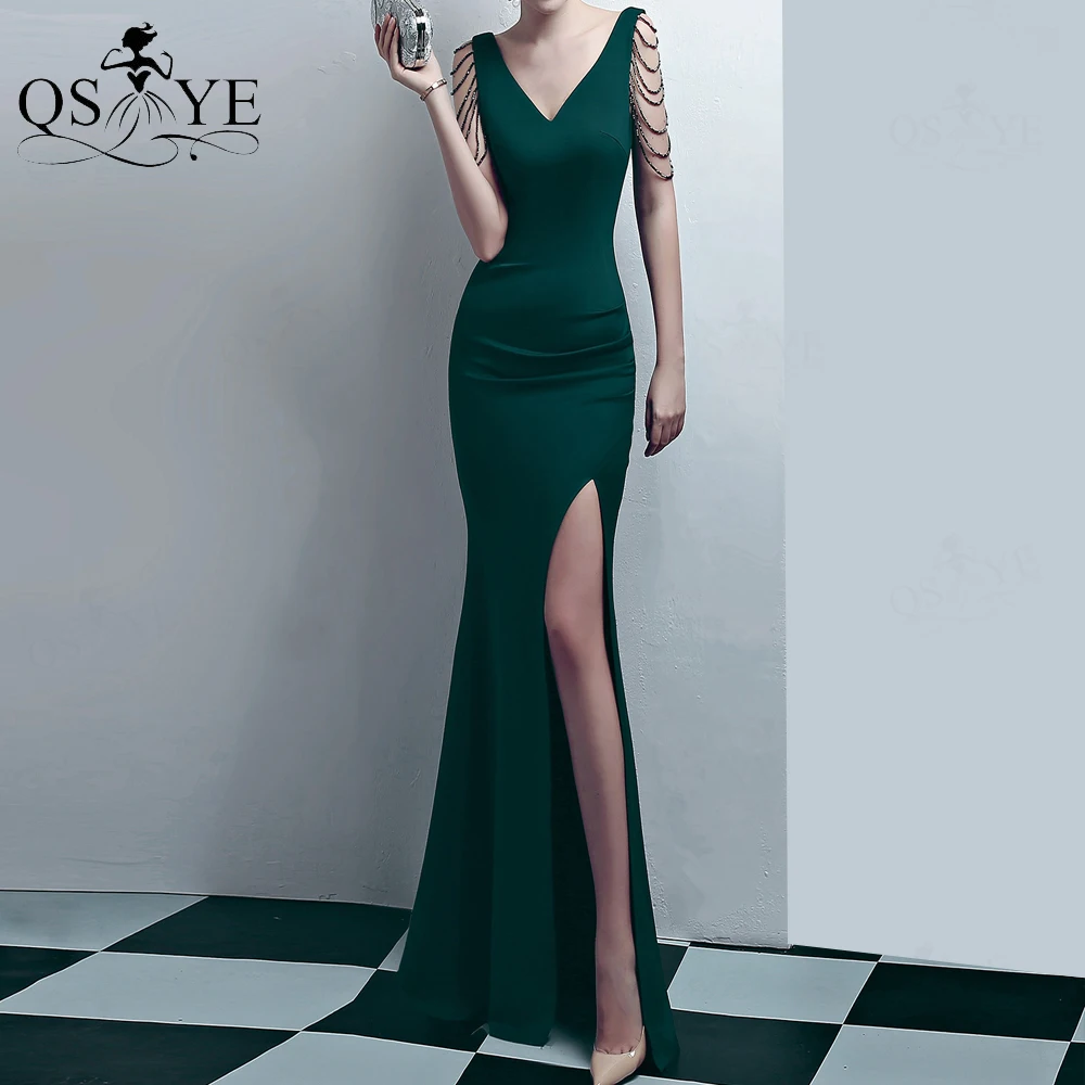 

Green Long Prom Dress Stretch Beading Straps Emerald Evening Dress V Neck Formal Party Gown Split Dress Beading Fit Prom Gown