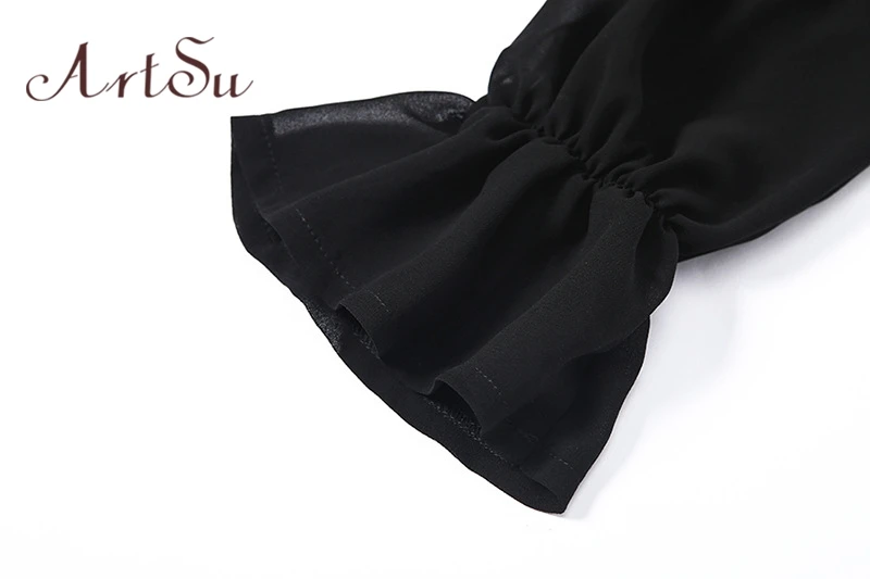 Женская шифоновая блузка ArtSu черная с вырезом лодочкой и расклешенными рукавами