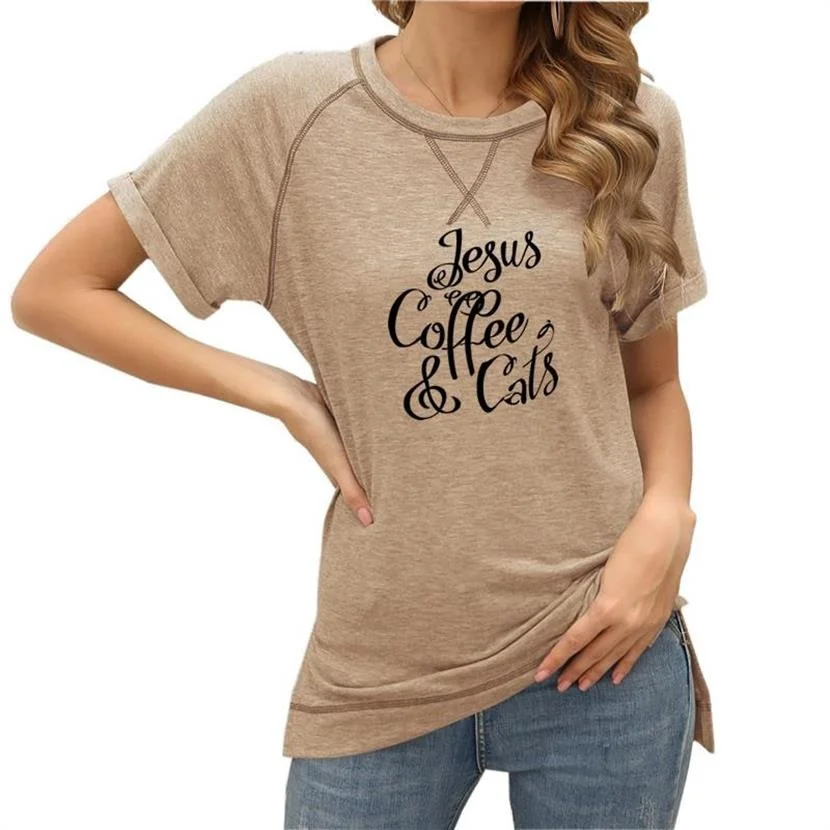 

Harajuku Loose Casual Tops Short Sleeves T-Shirt For Women Jesus Coffee Cats Letters Print Tees Summer Kawaii Hem Slit T-shirt