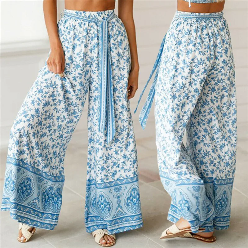 

Women's Palazzo Floral Geometric Print Elastic Pants Trousers High Waist Sashes Long Wide Leg Pants Loose Culottes Maxi Trousers