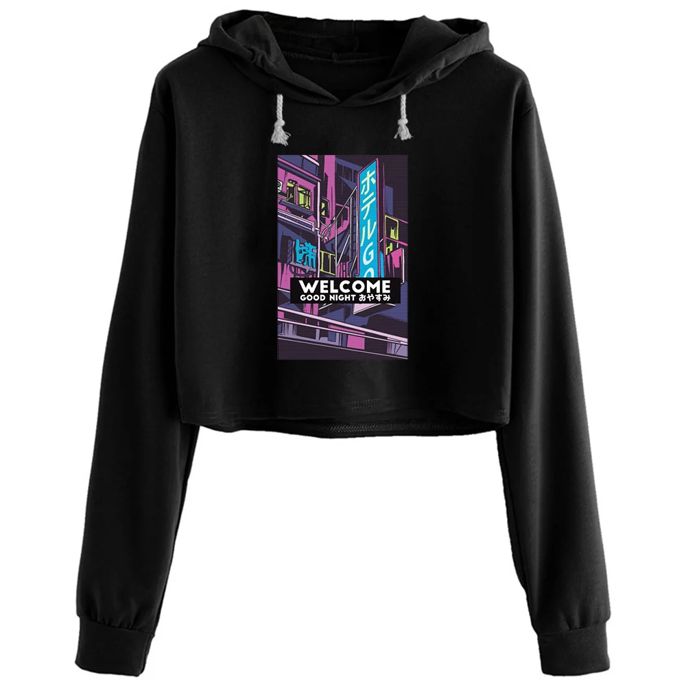

Vaporwave Hotel Crop Hoodies Women Kpop Korean Y2k Kawaii Pullover For Girls