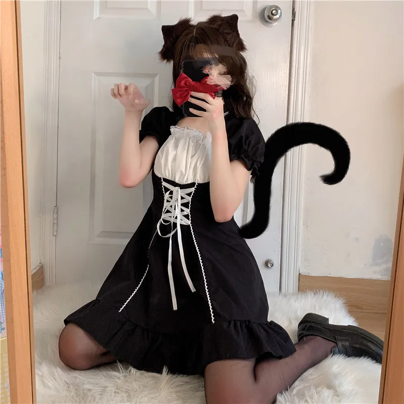 

Японские сексуальные женские платья Diablo в готическом стиле, весенне-летние мягкие цельные вечерние мини-платья с квадратным воротником и р...