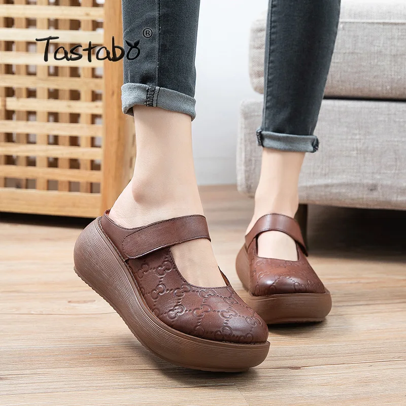 

Tastabo Genuine Leather Women's slippers wear-resistant outsole Brown Caramel S2611 Casual style beach shoes Daily shoes light