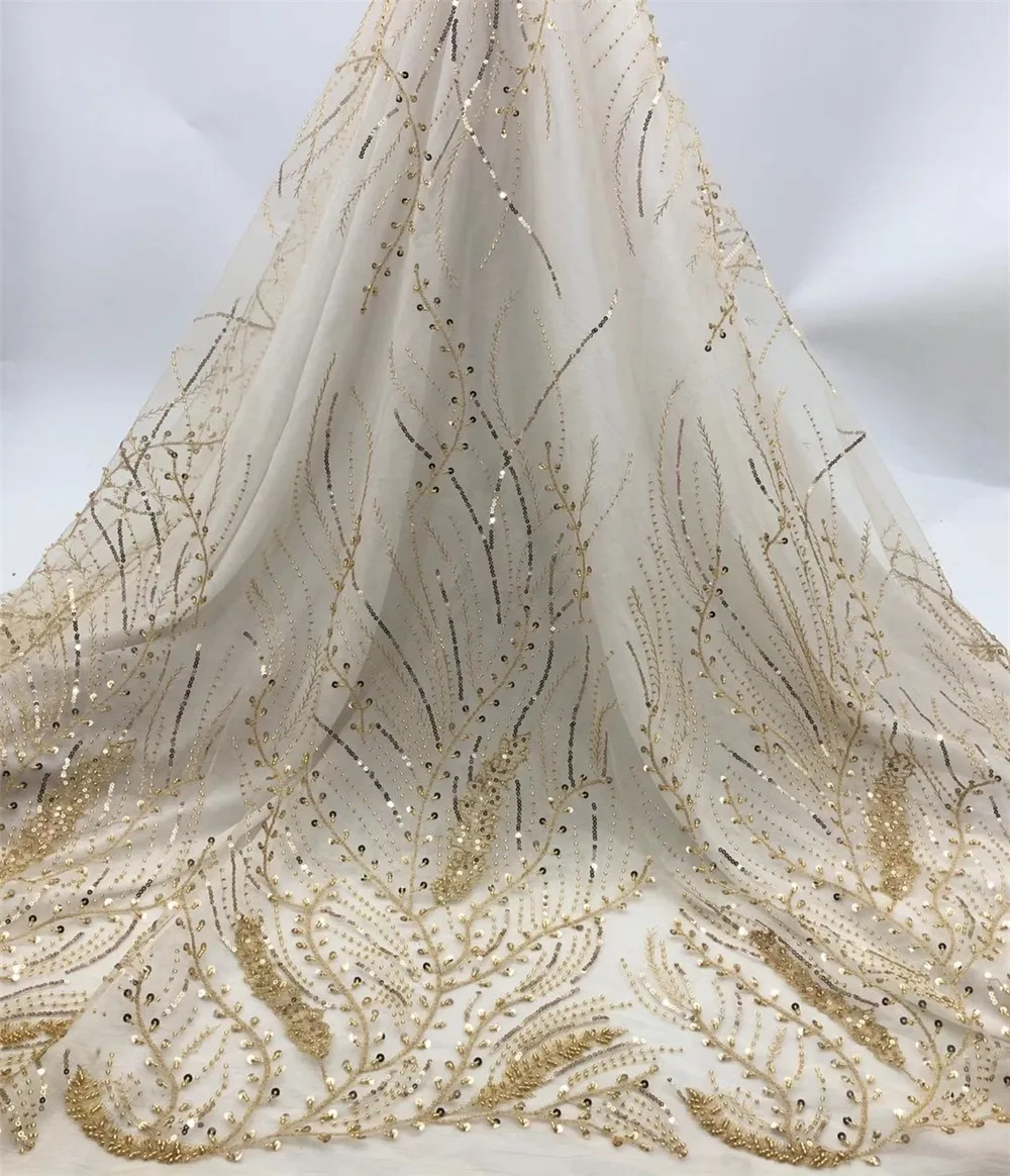 

Gold Nigerian Mesh Net Lace Fabric African Handmade Lace Fabric High Quality French Mesh Tulle Lace Fabric with Sequins