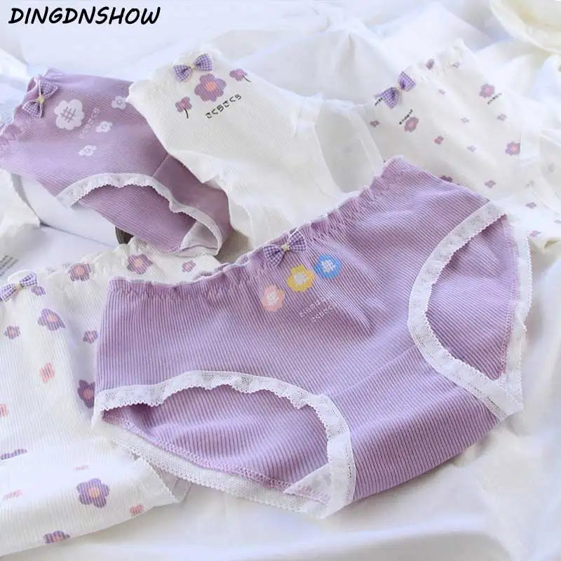

[DINGDNSHOW] 2021 Fashion Briefs Girls Cotton Lace Panties Women Print Intimated Mid Rise Breathable