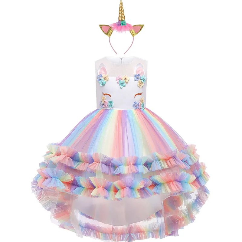 

2021 Girls Unicorn Dress Kids Flower Appliques Ball Gown Princess Dresses Elegant Party Costumes Children Clothing Birthday Gift